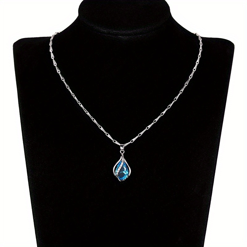 925 Silver Plated Teardrop Aquamarine Pendant Necklace