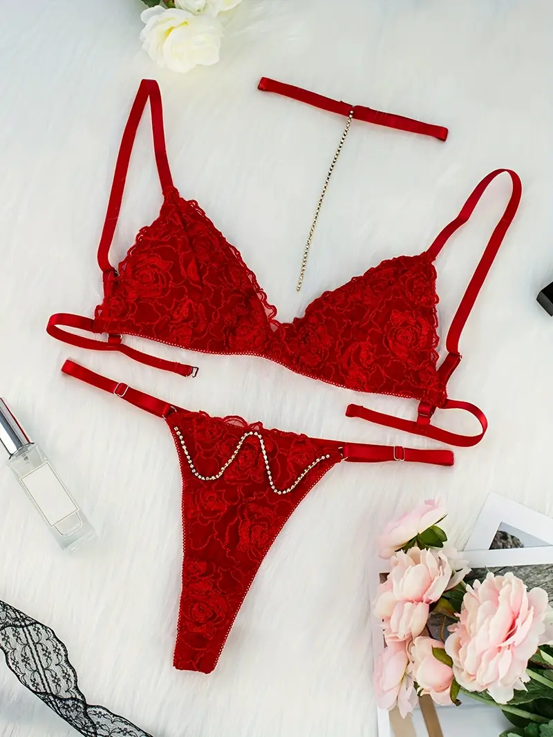 Floral Embroidery Lingerie Set Triangle Cups Bra Chain - Temu