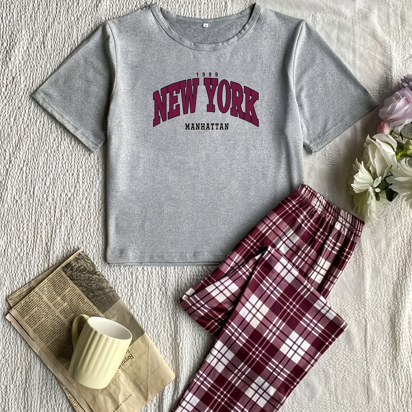 

Letter & Plaid Print Pajama Set, Casual Crew Neck Short Sleeve Top & Cozy Long Pants, Women's Loungewear & Sleepwear