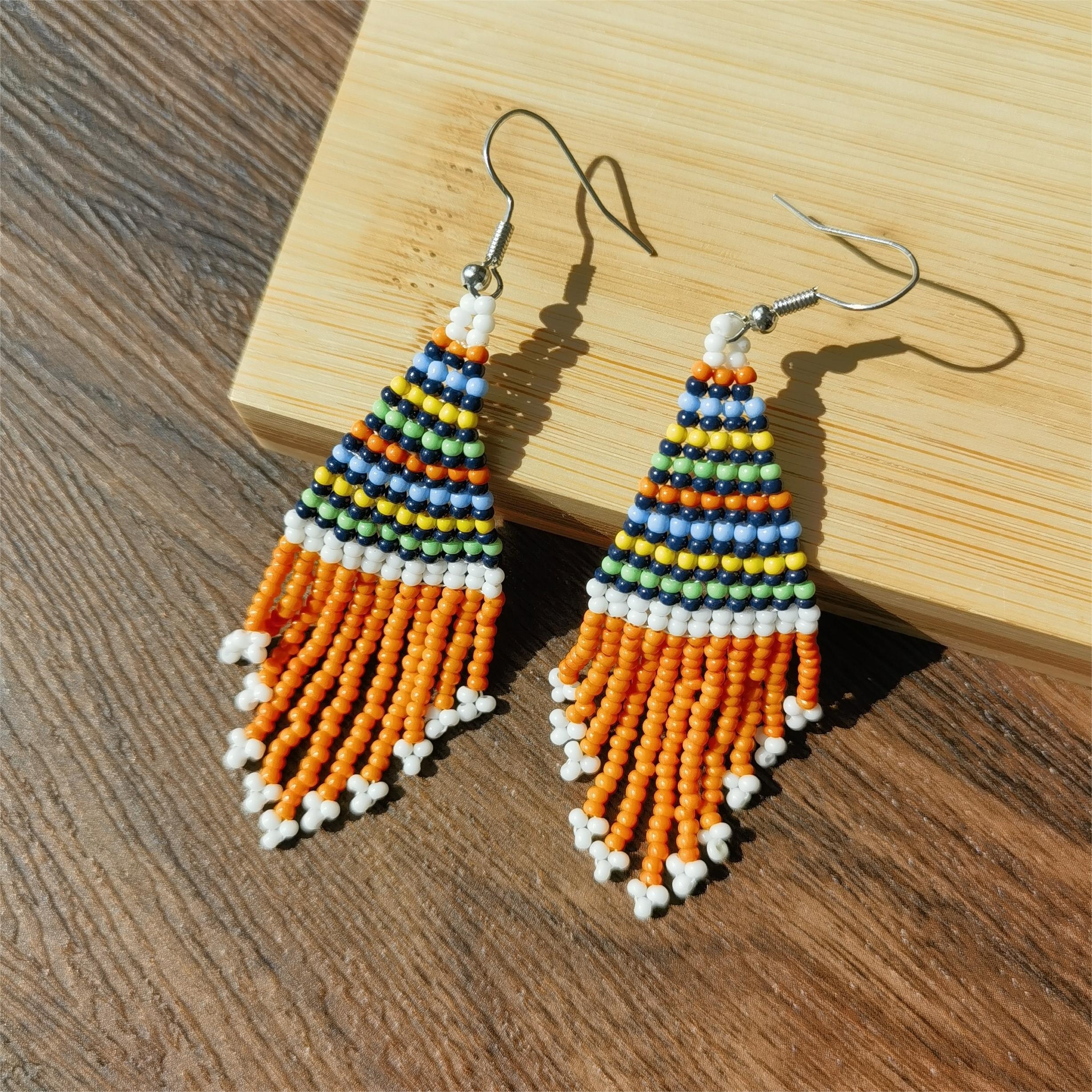 Gradient long seed bead fringe earrings orange red bead woman boho