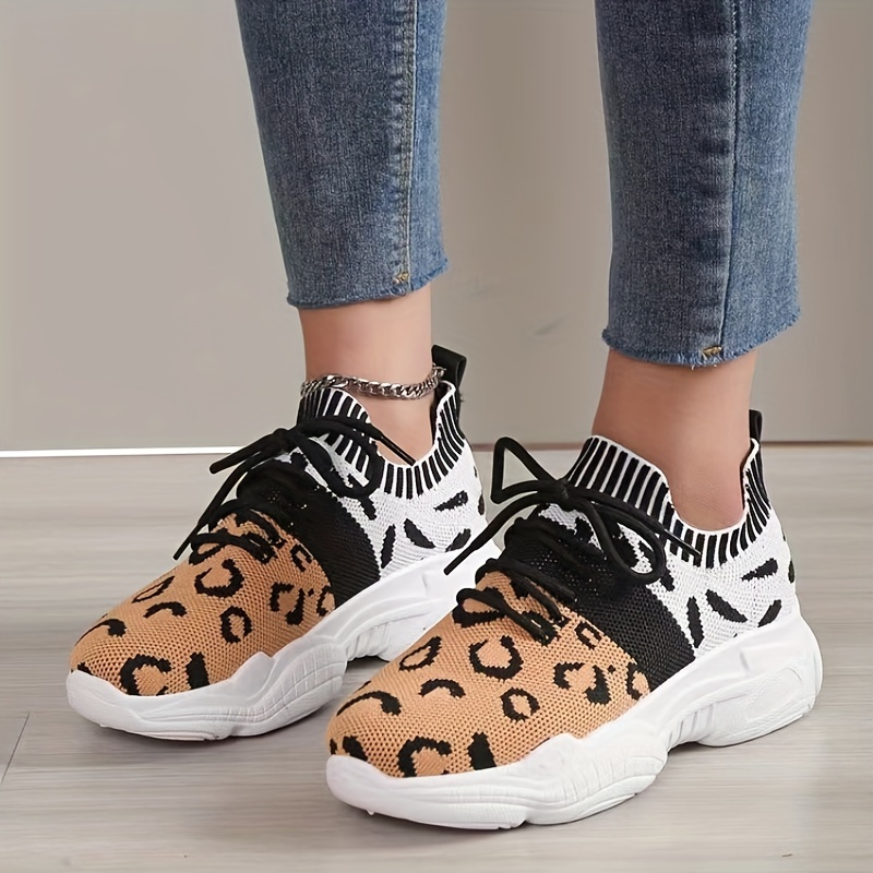 Women's Leopard Print Sports Shoes Trendy Knit Lace Low Top - Temu