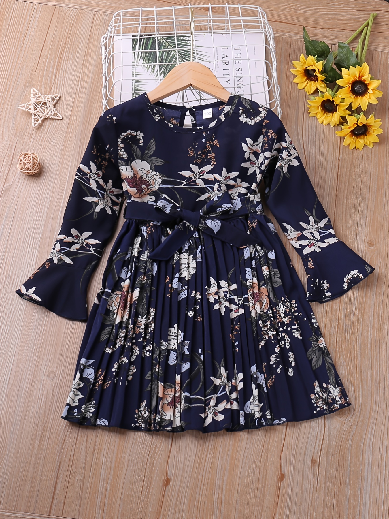 little girls boho floral flare long sleeve casual pleated dress for party going out kids spring fall clothes details 5