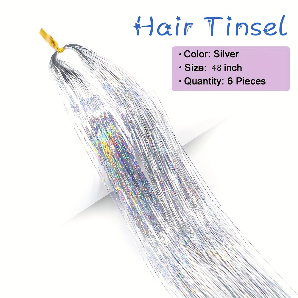 Silver Hair Tinsel Kit With Tool Hair Tinsel Heat Resistant Fairy Hair  Glitter Hair Extensions 6Pcs 1200Strands, Sparkling Shiny Hair Tinsel  Tensile