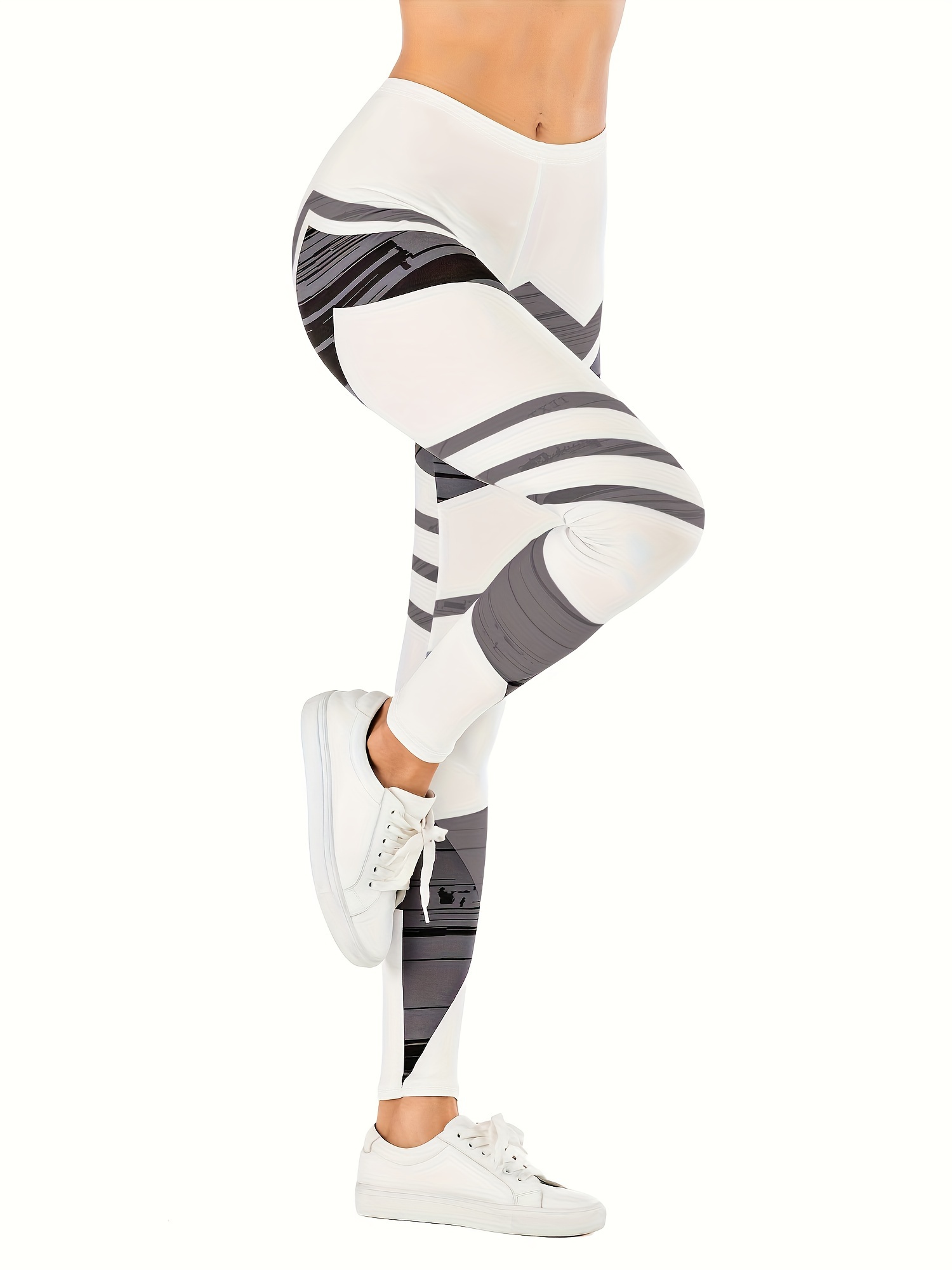 ZKHD Women's Athletic Yoga Pants Striped Printed Leggings Two-Tone  Patchwork Breathable Gym Leggings Female, White-XL