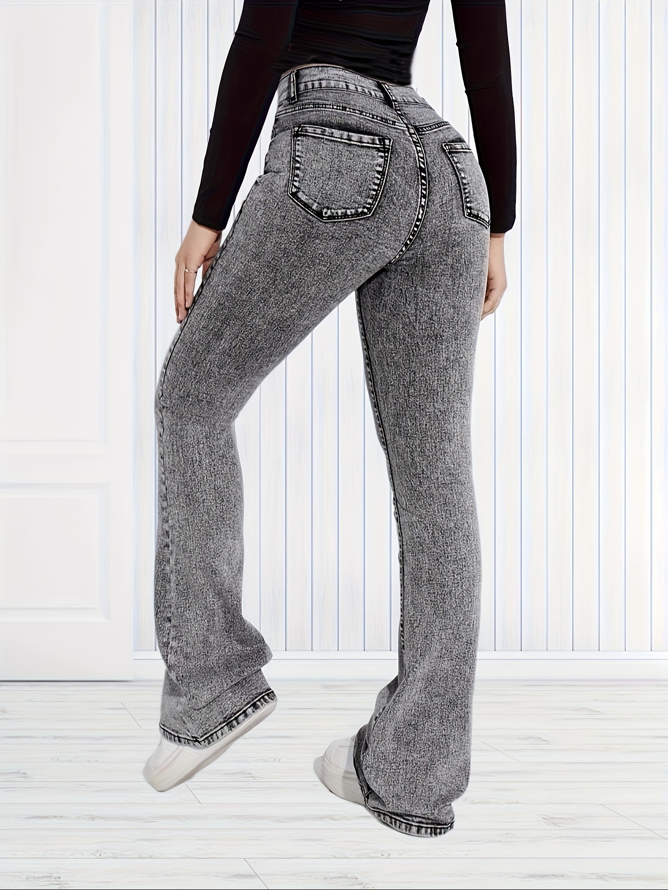 High-rise One-leg Acid Wash Jeans In Grey