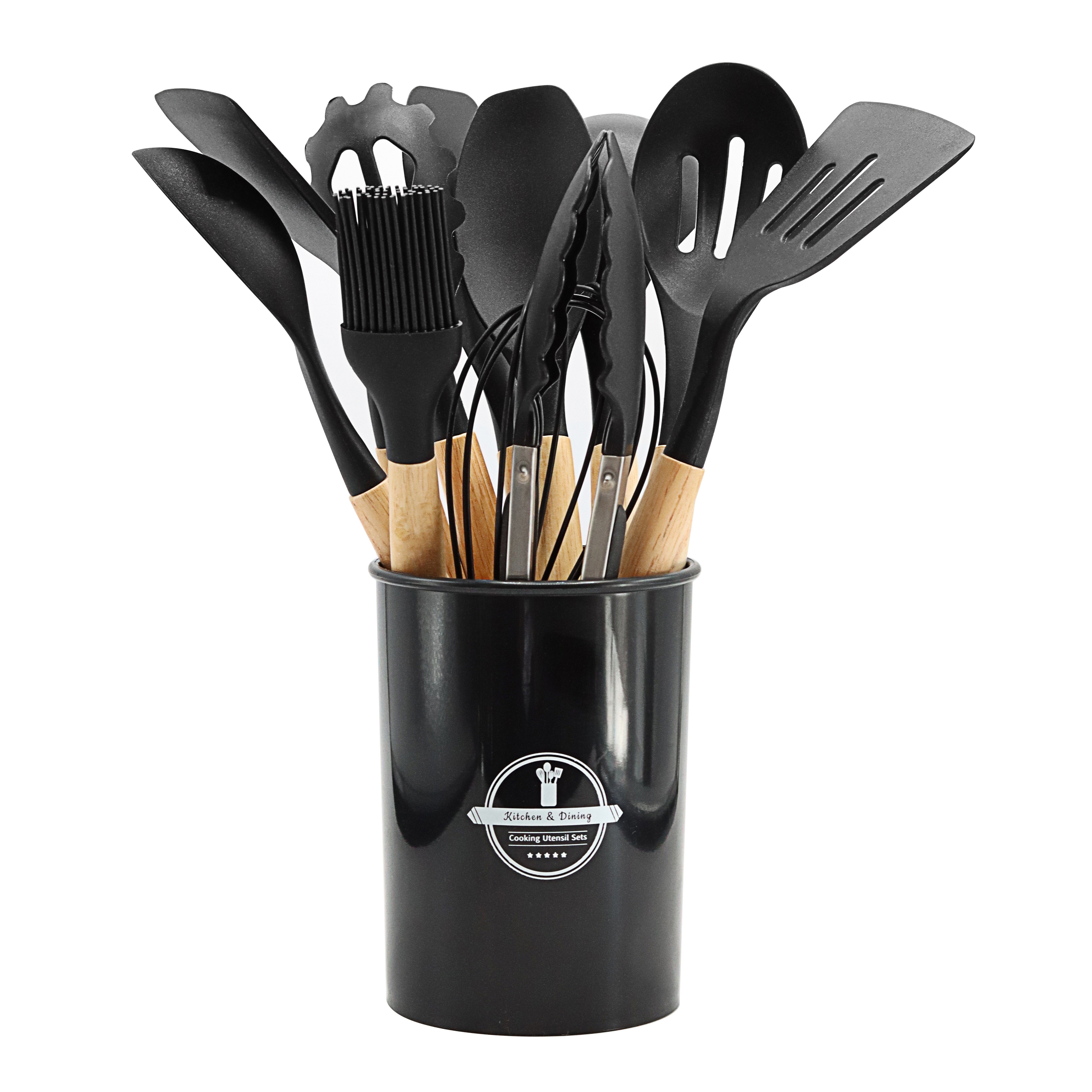 Rustic Black Silicone Baking Utensils with Wooden Handles - GEEKYGET