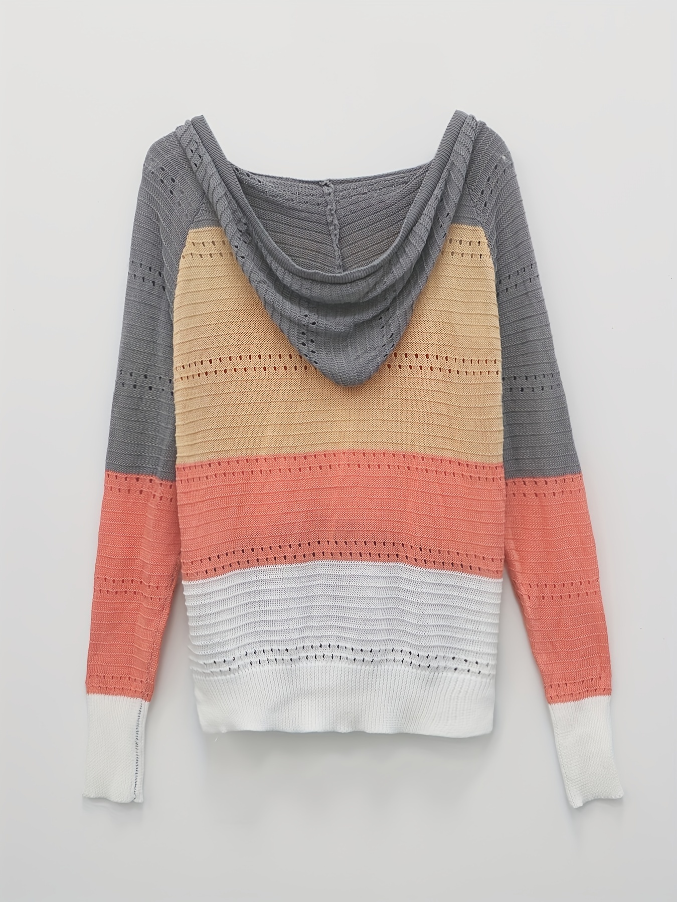 Color Block Hooded Knit Sweater Vacation Drawstring Long - Temu