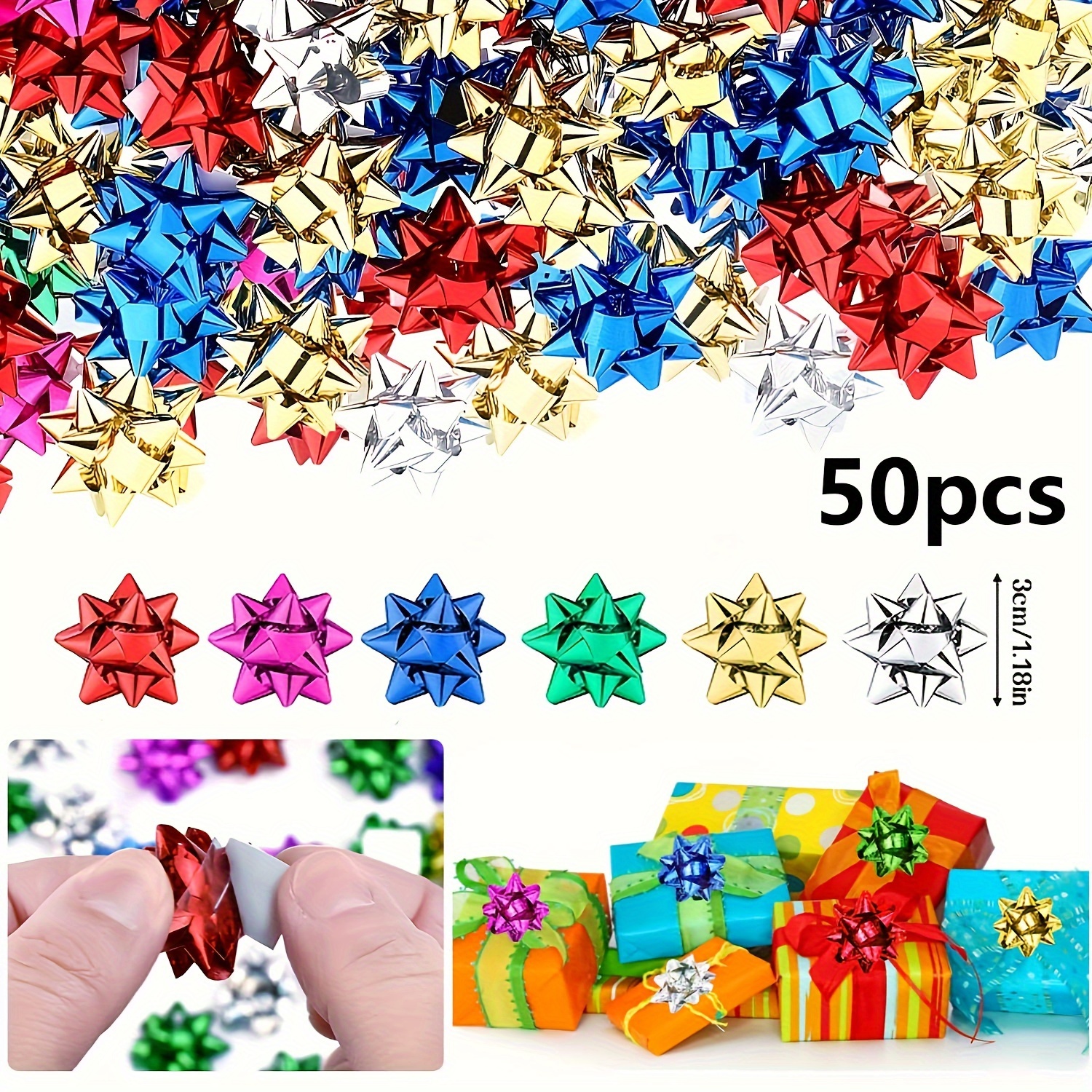 Mini Gift Wrapping Star Bows, 1.5in Glitter Metallic Self-Adhesive Bow  (90pcs - Assorted Colors) Mini Gift Bow for Christmas Wrapping