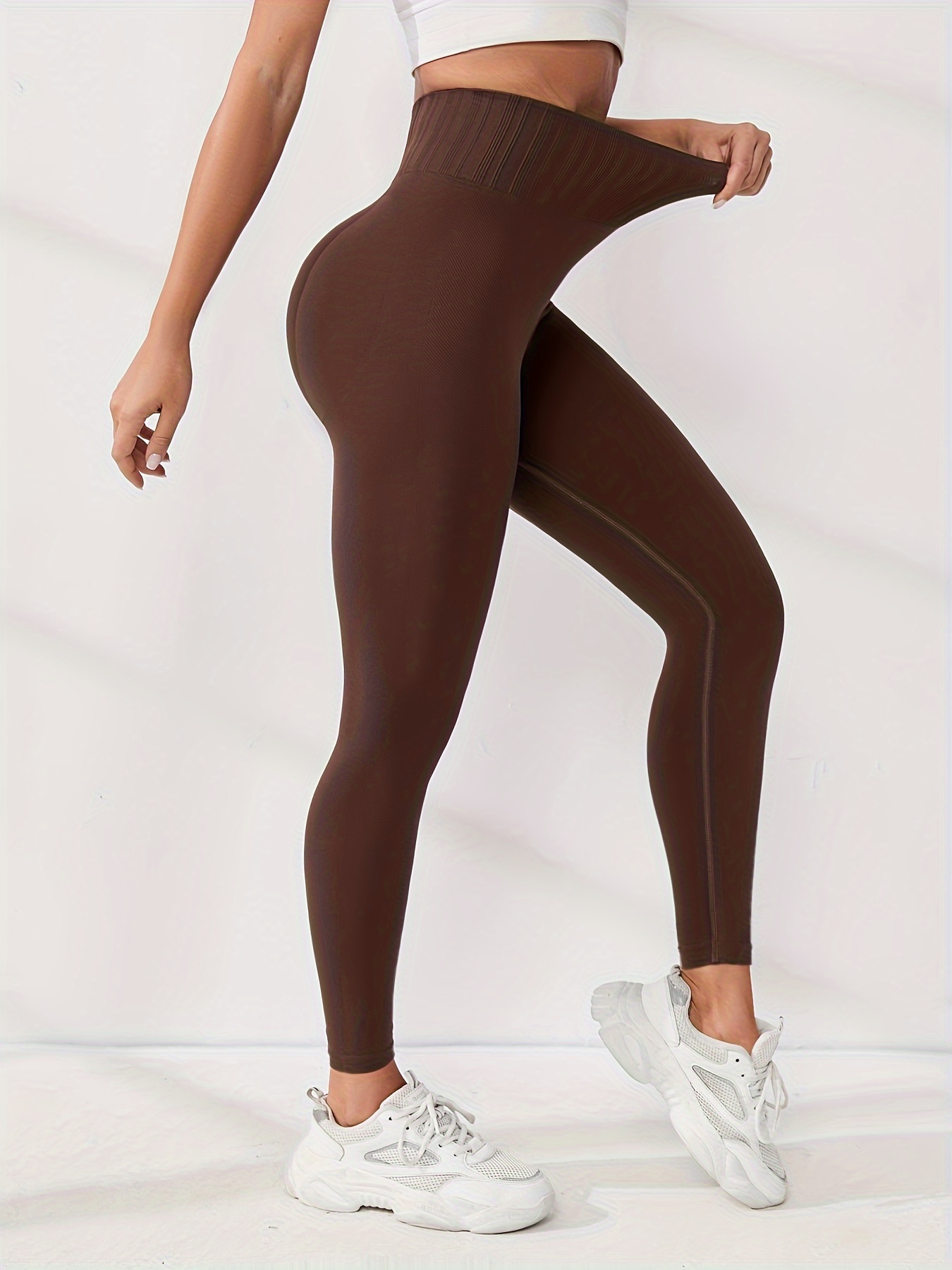 Solid Color Yoga Sports Faux Pu Leather Leggings Tummy - Temu