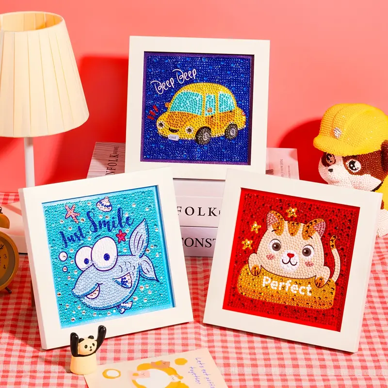 3pcs 5DIY Diamond Painting With Photo Frame Diamond Painting Set For Adults  And Children Full Of Diamond Cartoon Cat Cartoon Fish Cartoon Car Home Dec