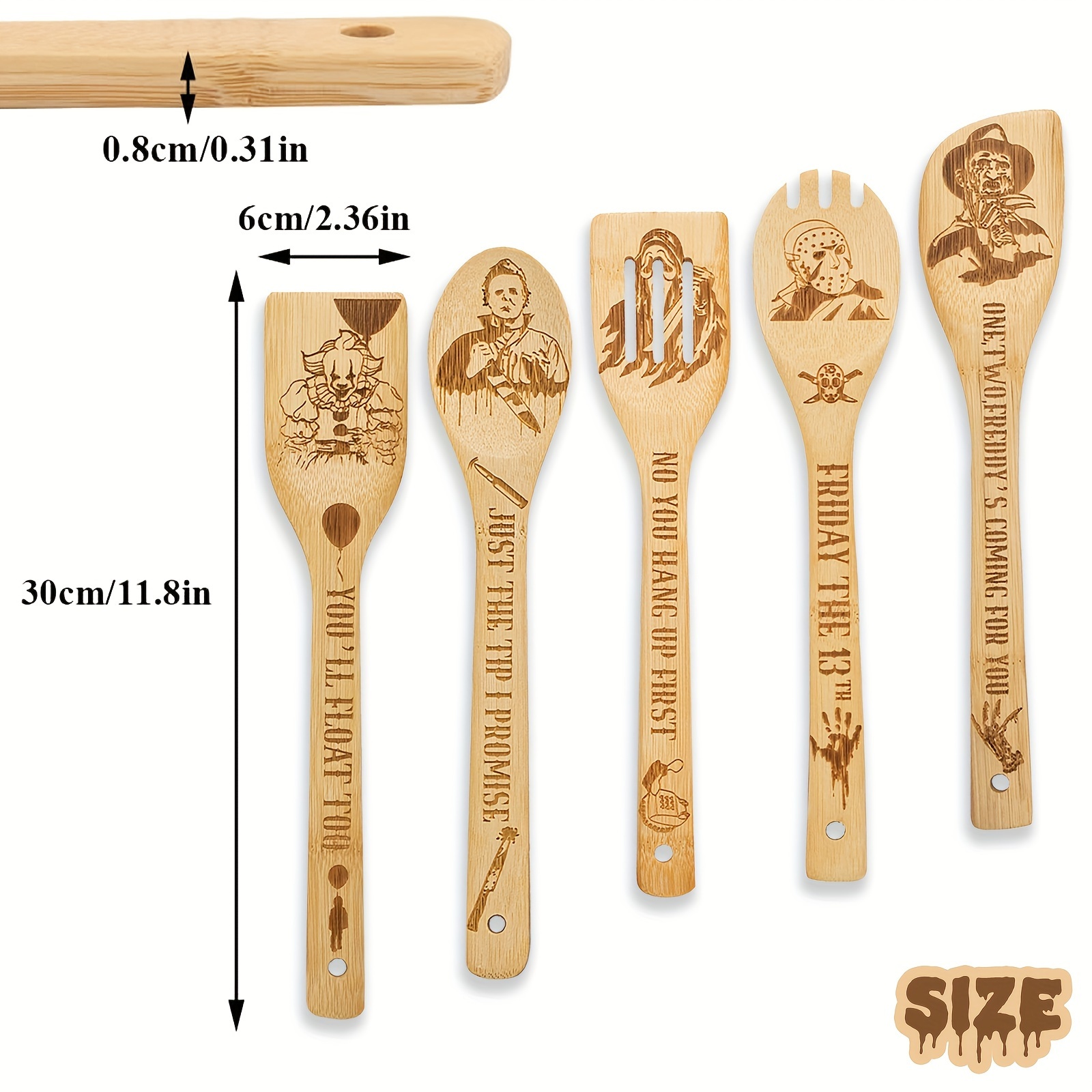 5pcs cooking spoons funny engraved wooden cooking spoons horror character bamboo wood utensils cookware kit horror movie theme kitchen decor gift for movie lover christmas party housewarming birthday gift details 3