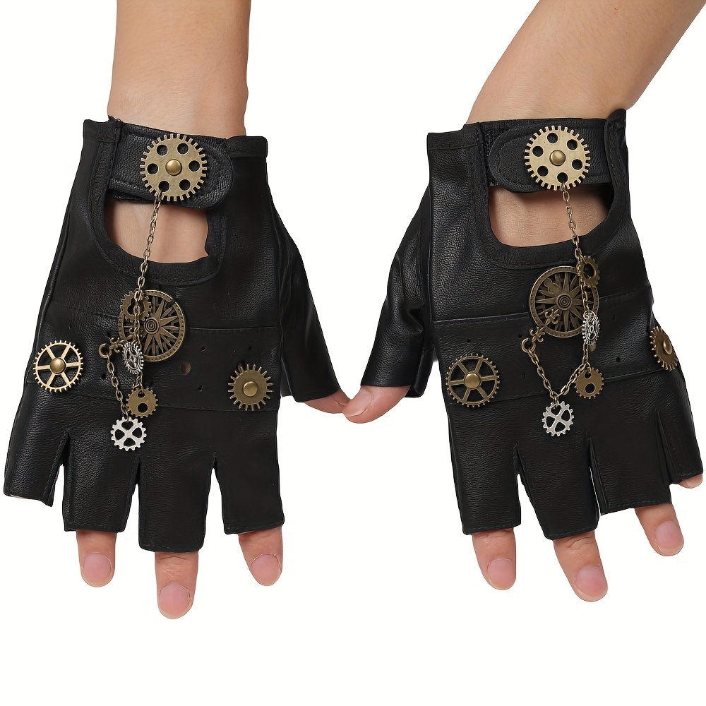 Halloween Steampunk Leather Gloves Compass Gear Decor Black - Temu