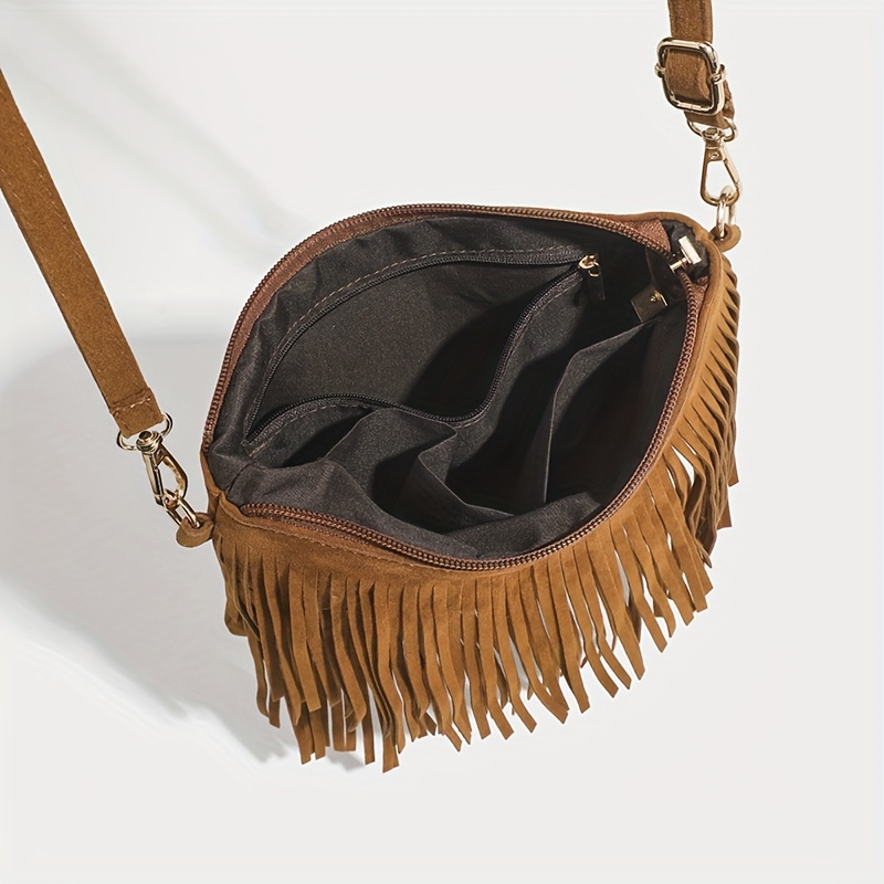 Women's Boho Leather Handbag, Suede Fringe Crossbody Bag