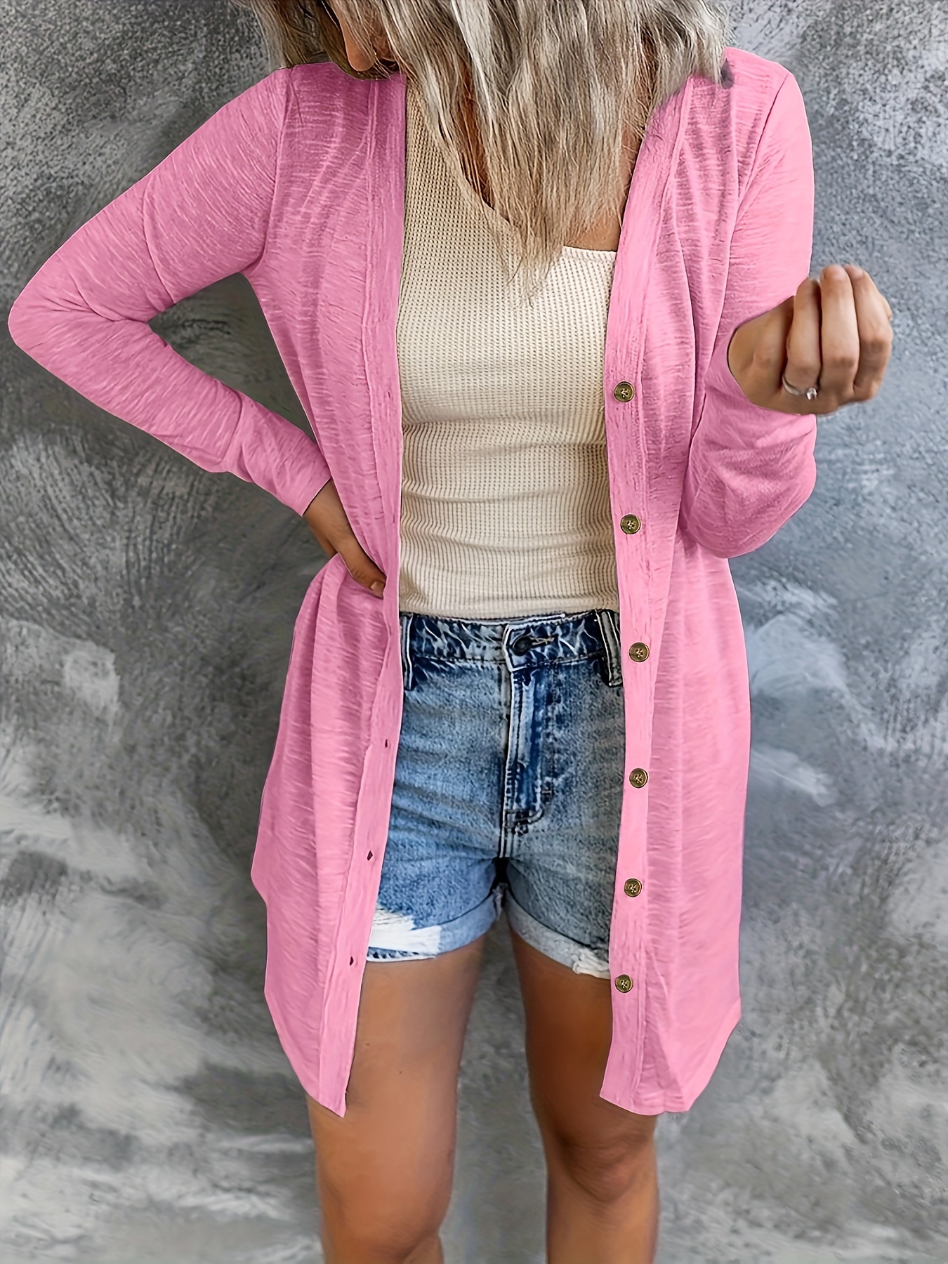 Women's Plus Size Casual Cardigan, Solid Button Up Long Sleeve Cardigan