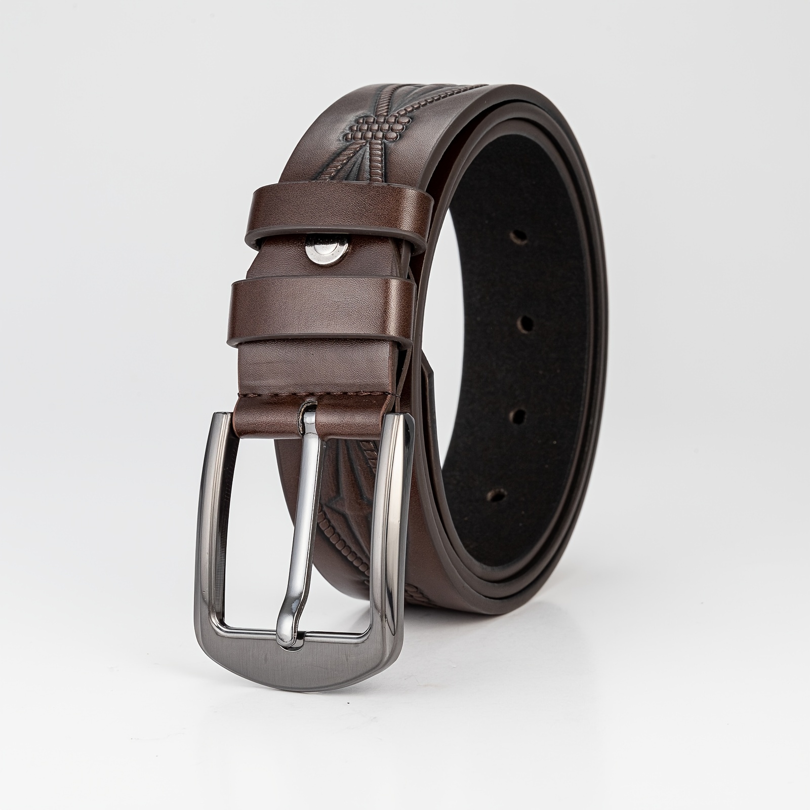 Men's Fashionable Khaki Small Square Print Pu Leather Belt - Temu