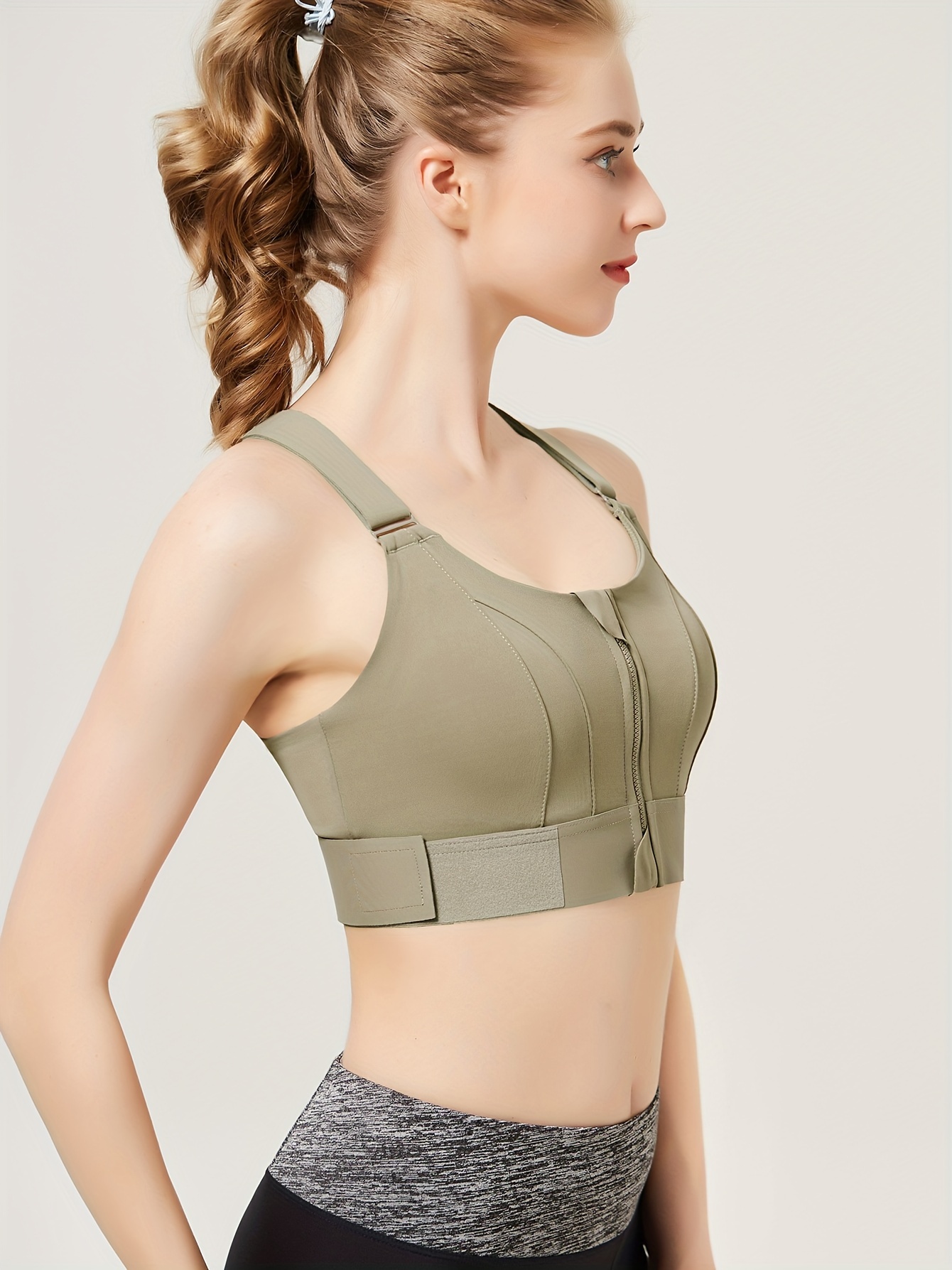 solid color shockproof sports bra zipper front round neck with fixed chest pads workout top womens activewear matcha color 2