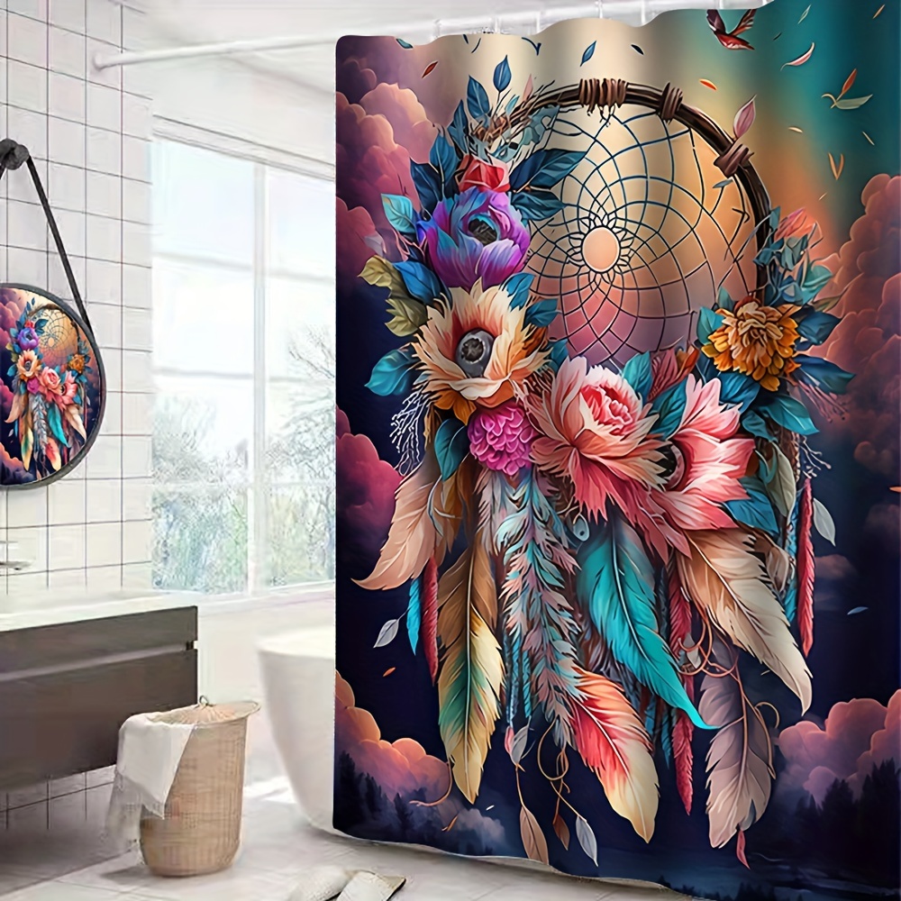 Shower Curtain Set Decorative Feather Flower Pattern - Temu