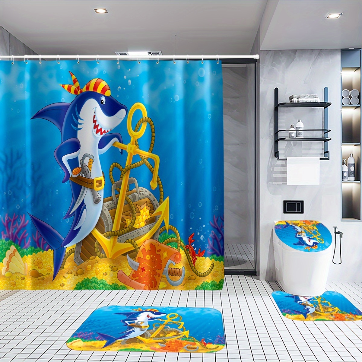Cortina de ducha divertida para niños, lindo gato marino, tiburón
