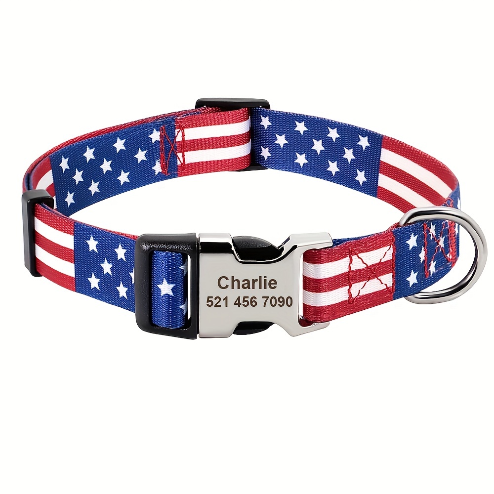 Adjustable Patriotic Nylon Dog Collar with American Flag Design