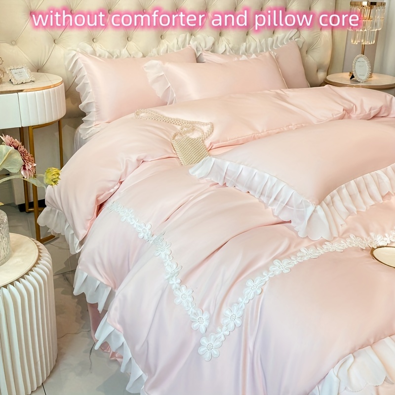 3pcs Princess Style Lace Duvet Cover Set (1*Duvet Cover + 2*Pillowcase, Without Core), Solid Color Bedding Set, Soft Comfortable Duvet Cover, For Bedroom, Guest Room
