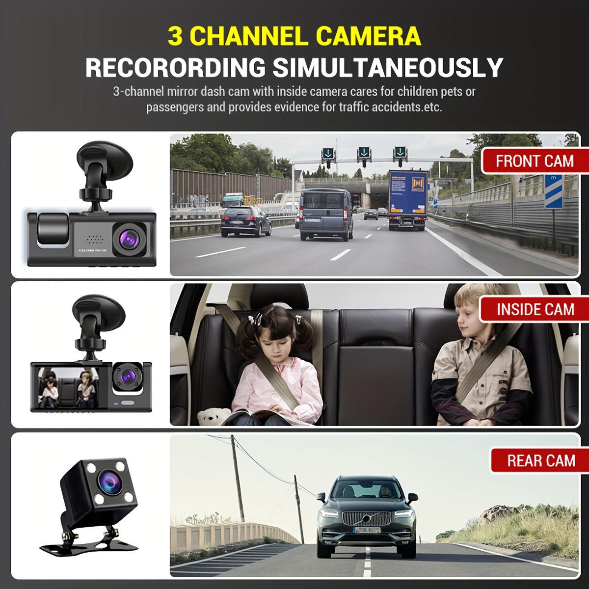 Dash Cam 3.0 inch IPS Screen with 3 channel Front,Interior,Rear Car Camera