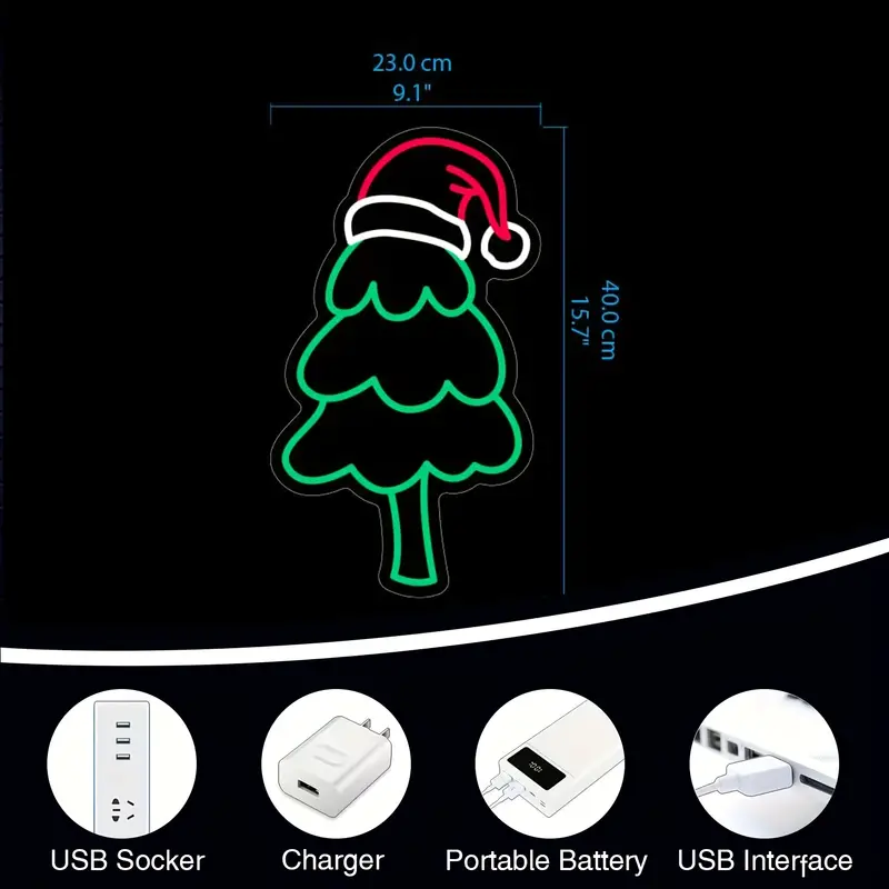 1pc christmas neon sign usb powered tree santa claus snowflake sock reindeer bell gift led light for christmas decoration party events led neon light for indoor decor home bar tree with hat details 3