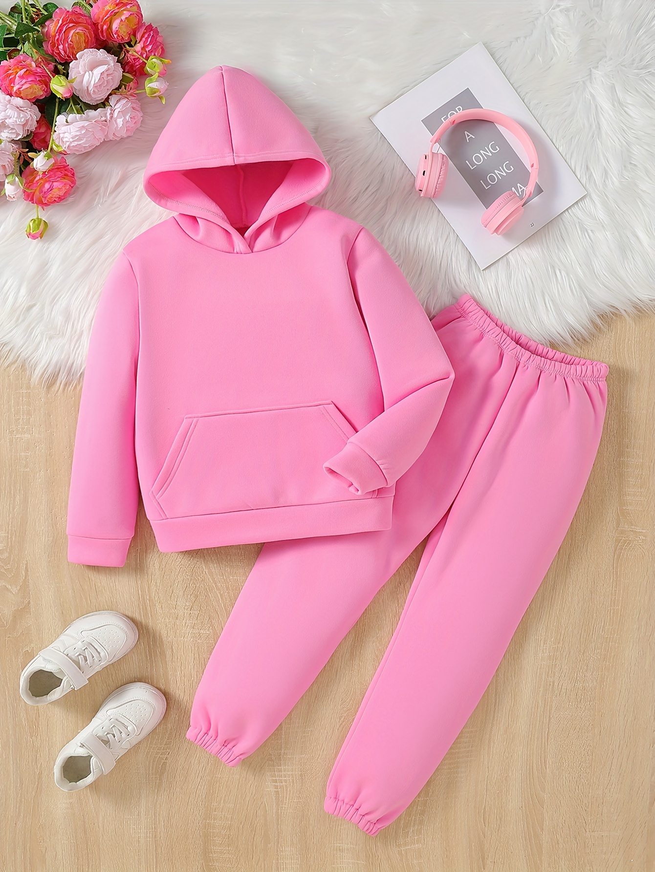 2PCS Girls Solid Outfits, Crew Neck Top + Jogger Pants Set Comfy Outfits  For Spring Fall Gift