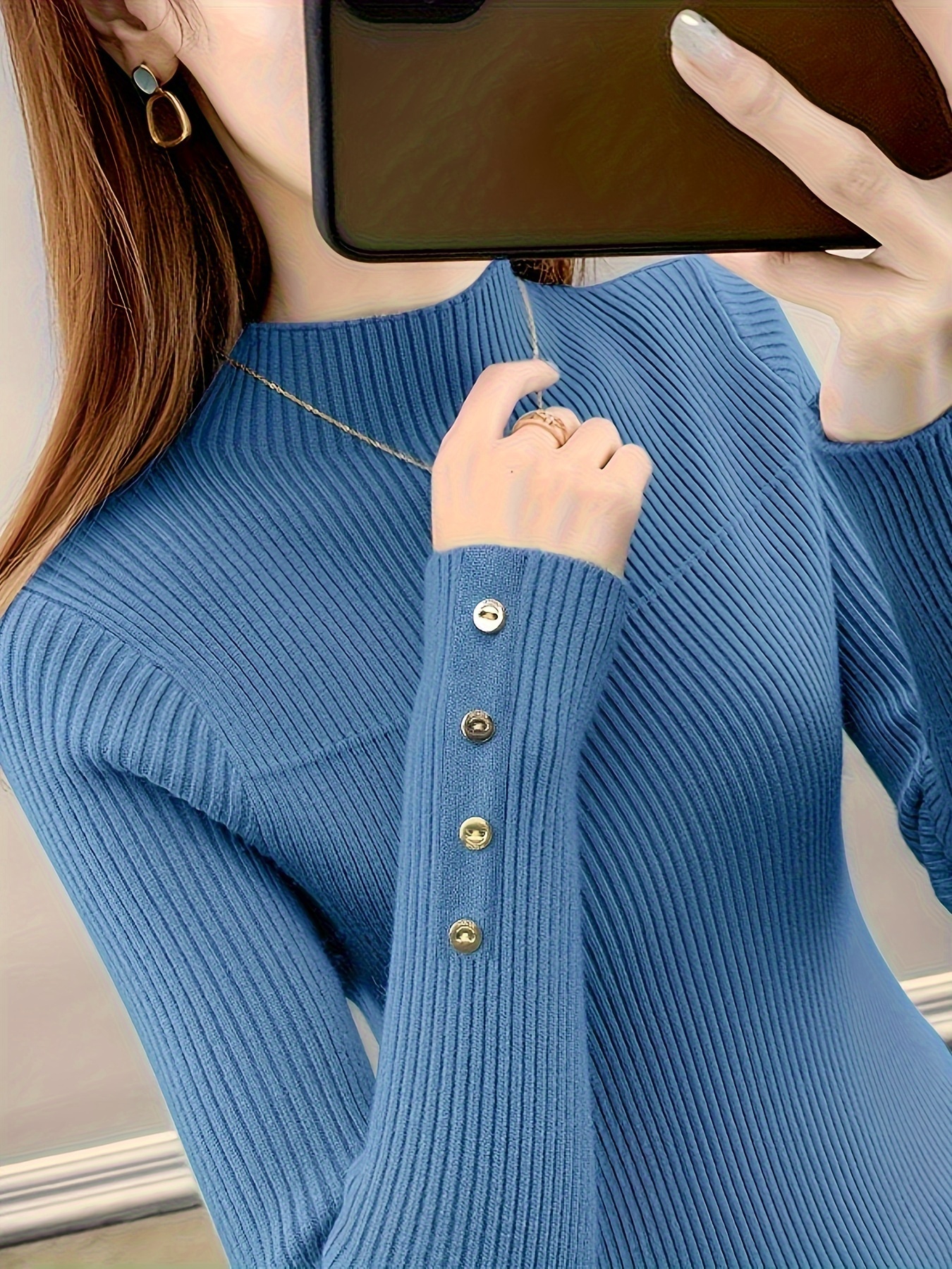 Solid Mock Neck Rib Knit Top Casual Button Long Sleeve Slim - Temu