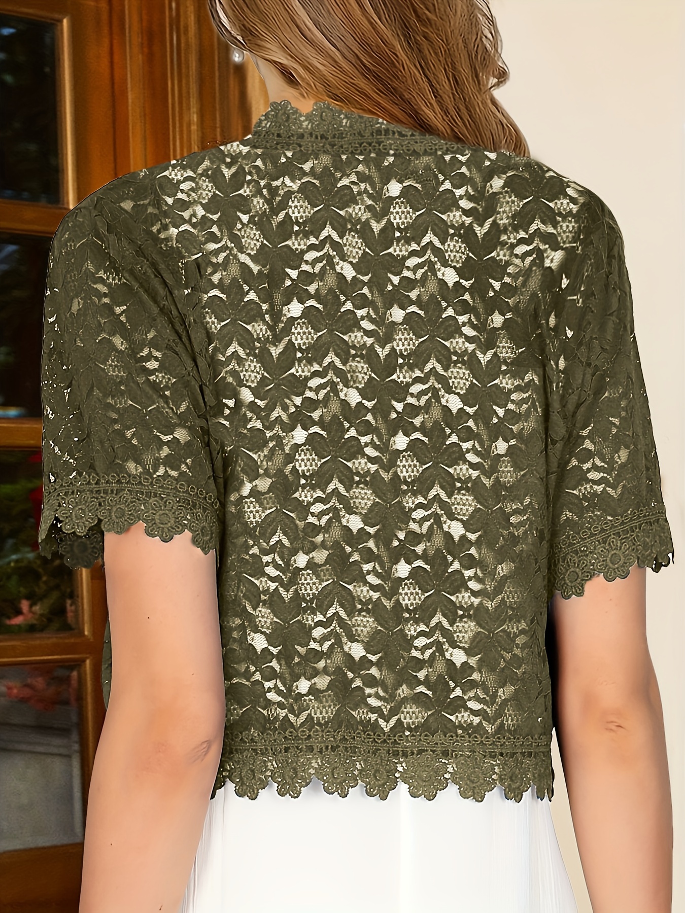 Women'S Elegant Yellow Lace Short Sleeve Cardigan - Sheer V-Neck, Short Length, All-Season Wear, Perfect for Formal Events and Casual Attire, Formal Attire|Elegant Lace Design|Sheer Fabric, Lace Coverup