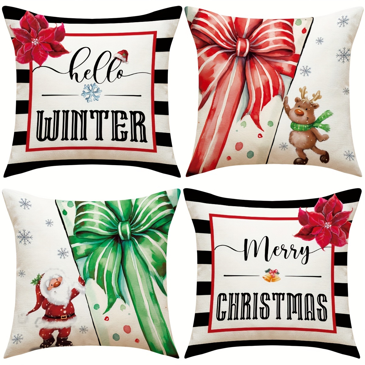 Taie d'oreiller, Lot de 4 en Coton et Lin Noël Wapiti Le père noël Bonhomme  de Neige Nain Imprimé Housse De Coussin carré pour Lit Voiture De La Maison  Canapé 45 x