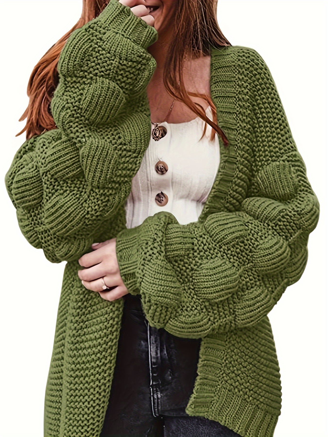 Solid Open Front Chunky Knit Cardigan, Casual Lantern Sleeve Loose Sweater,  Women's Clothing