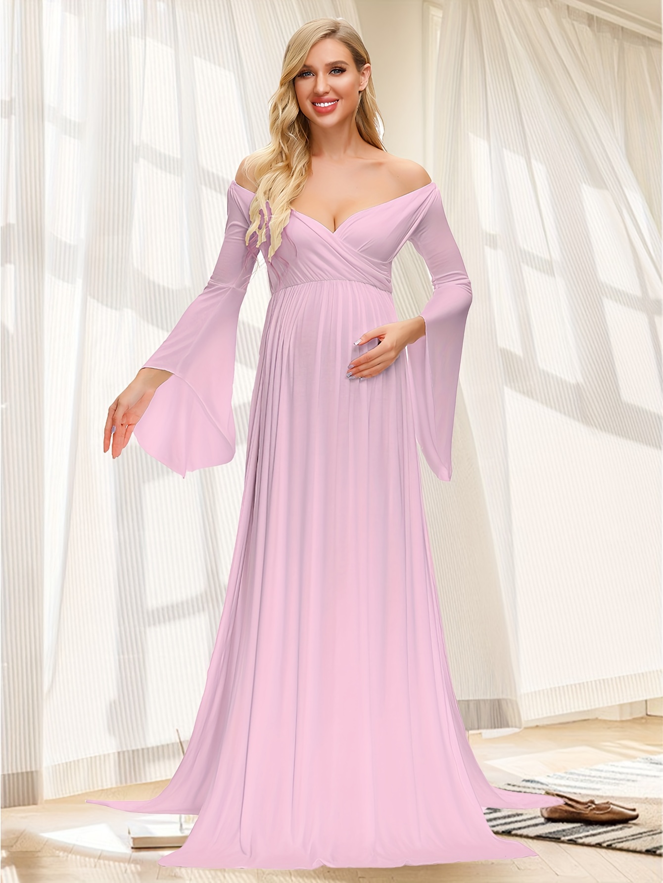 gvdentm Maternity Dresses V Neck Bridesmaid Dresses for Women Long Chiffon  Prom Evening Gowns with Pockets 