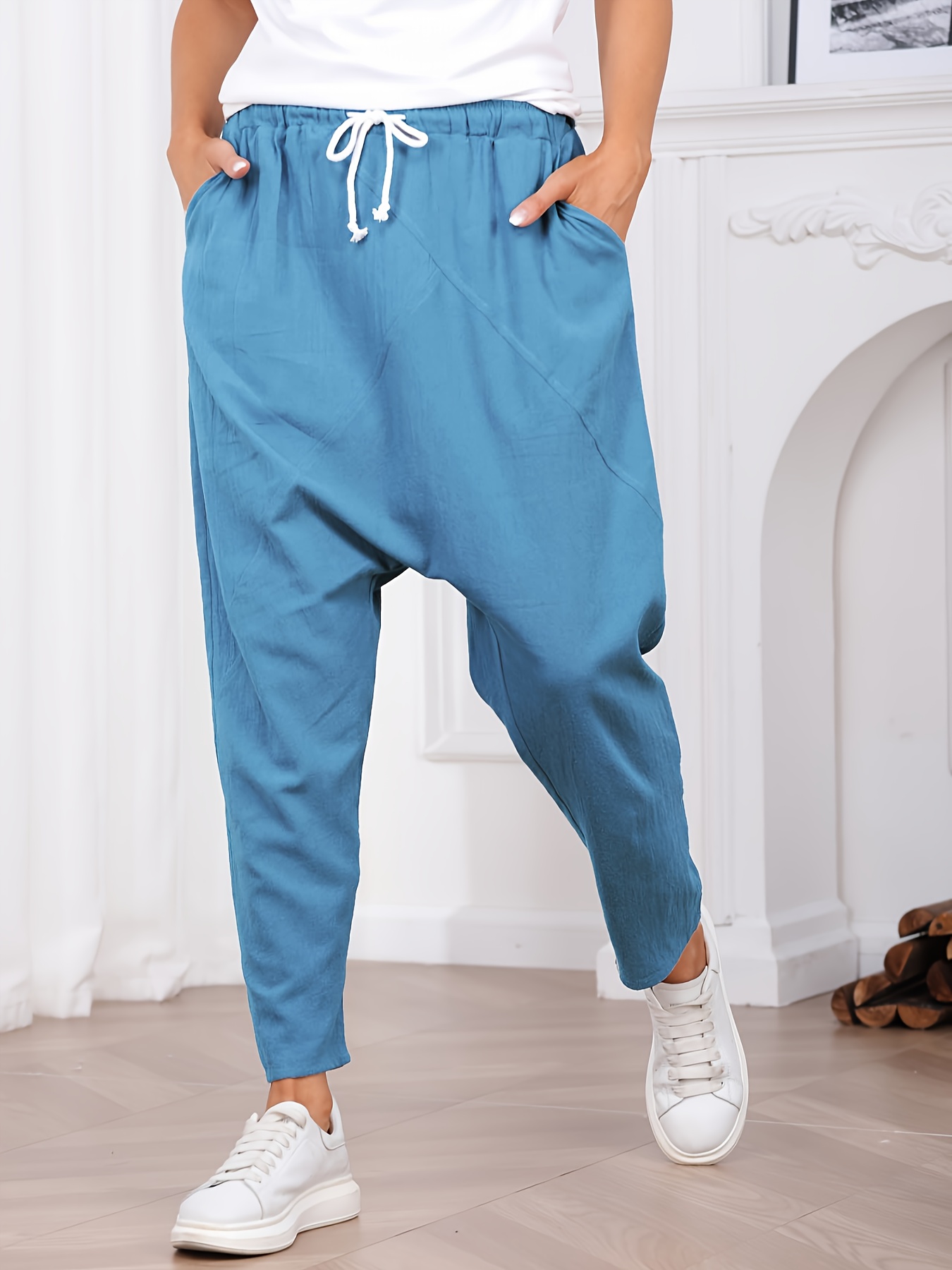 Harem Pants in Blue, With Large Pocket and Flexible Waist Unisex