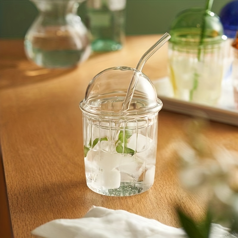 Glass Tumbler With Dome Lid And Straw, Heat Resistant Glass Water