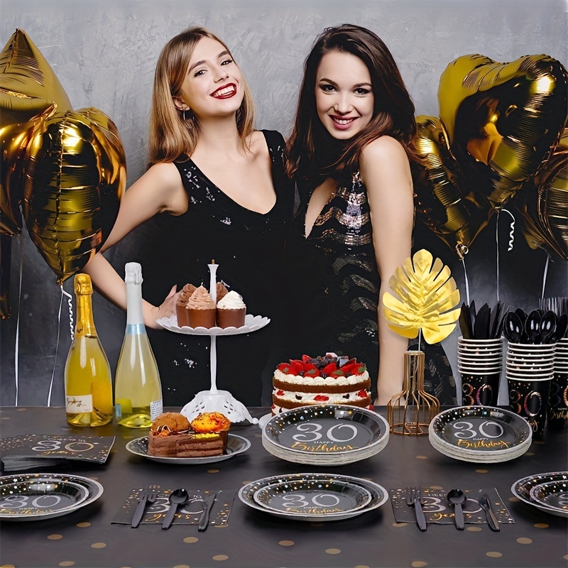 Platos de 30 cumpleaños negro y dorado, postre, bufé, pastel, almuerzo,  platos de cena para decoraciones de cumpleaños 30, suministros de fiesta