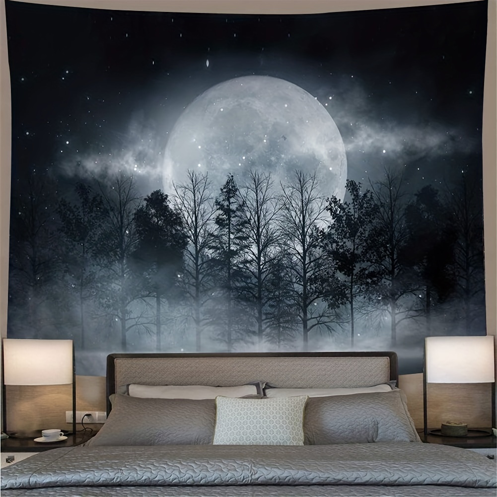 1pc Moon Tapestry Tapestry Mystic Forest Starry Night Full Moon Blacklight Wall Hanging Tapestry For Bedroom Living Room Dorm 59 X 51 Inch