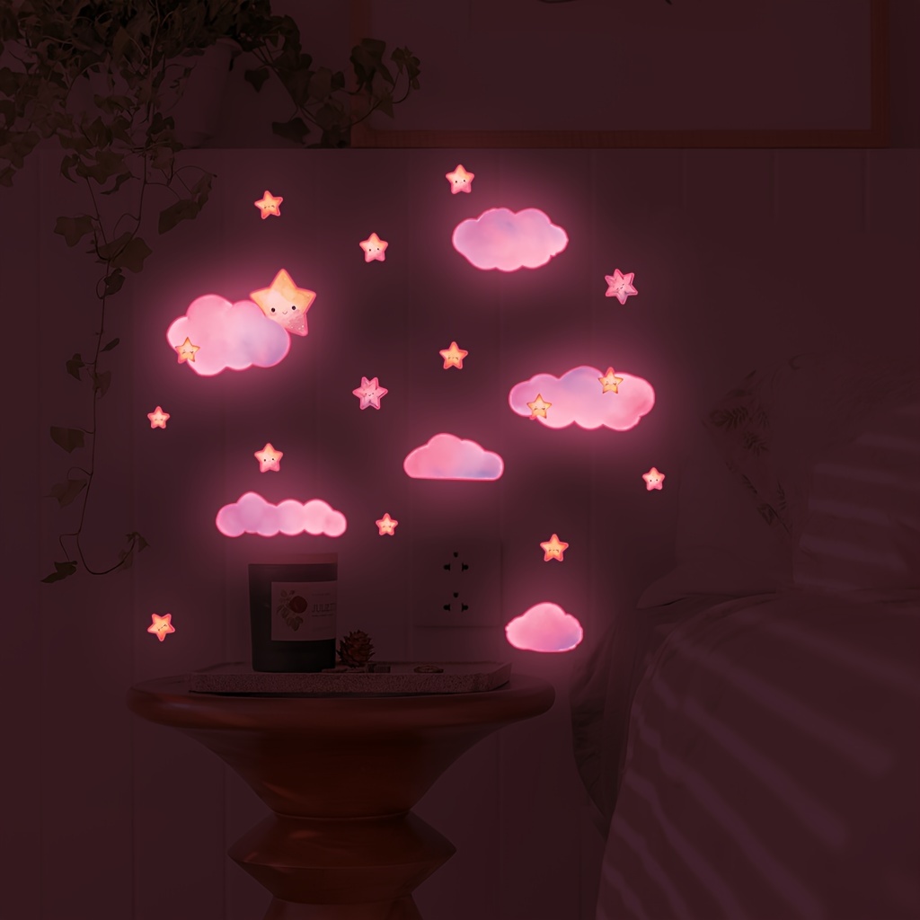 

Glam Style Pink Cloud Night Glow Wall Sticker 7.9" - Pvc Self-adhesive Irregular Shape With Star And Moon Accents For Bedroom And Children's Room Decor - Detachable And Single Use.