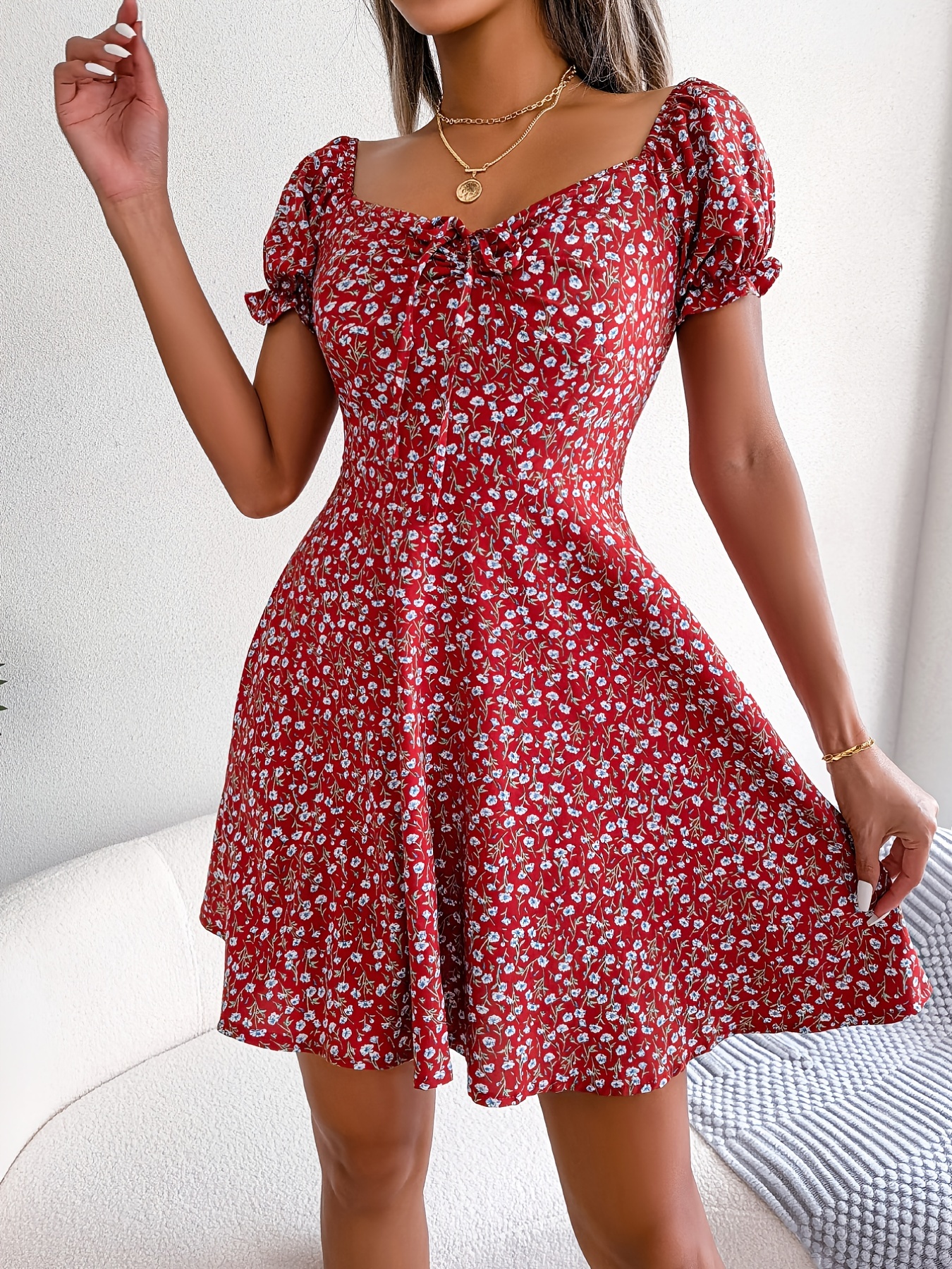 Red floral store short sleeve dress