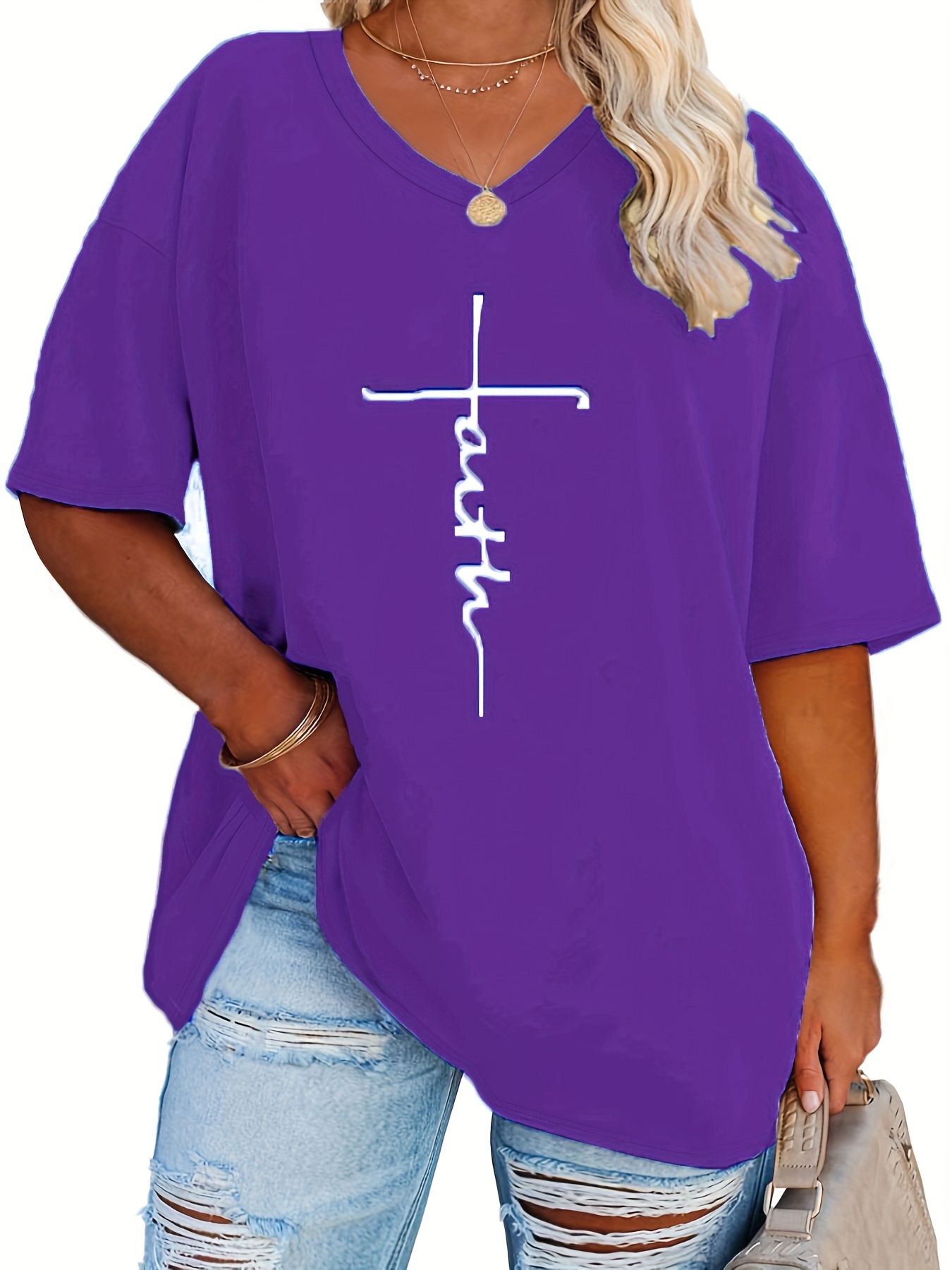 Plus Size - Women'S Plus Size V-Neck Casual T-Shirt - Short Sleeve, White with Black Letter Print, Lightweight Summer Tee for Casual Attire, Ladies T Shirts