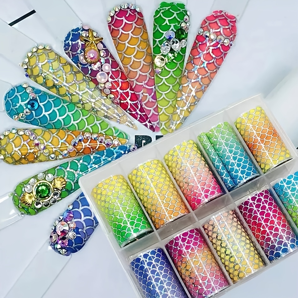 Mermaid Gradient Nail Art Foil Transfer Stickers, Nail Supplies Laser Fish  Scales Holographic Gradient Starry Sky Colorful Designs Full Wrap Transfers