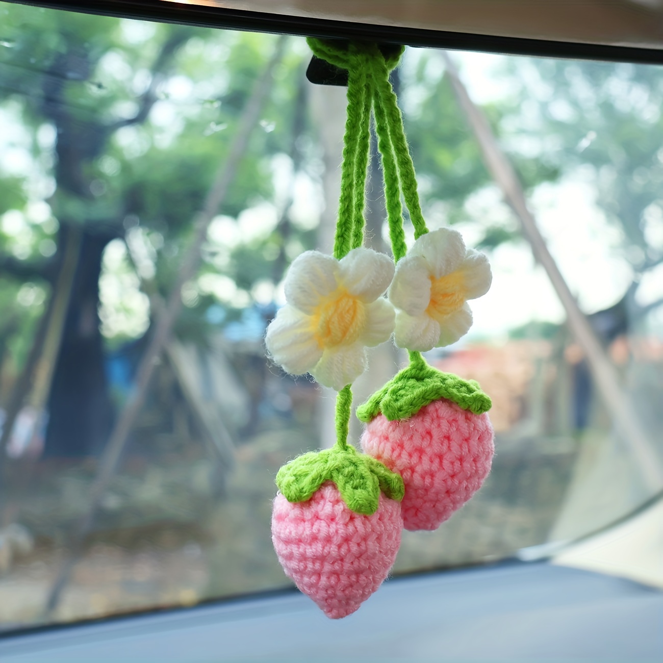 2 Pcs Crochet Strawberry Car Hanging Ornaments Car Rearview Mirror