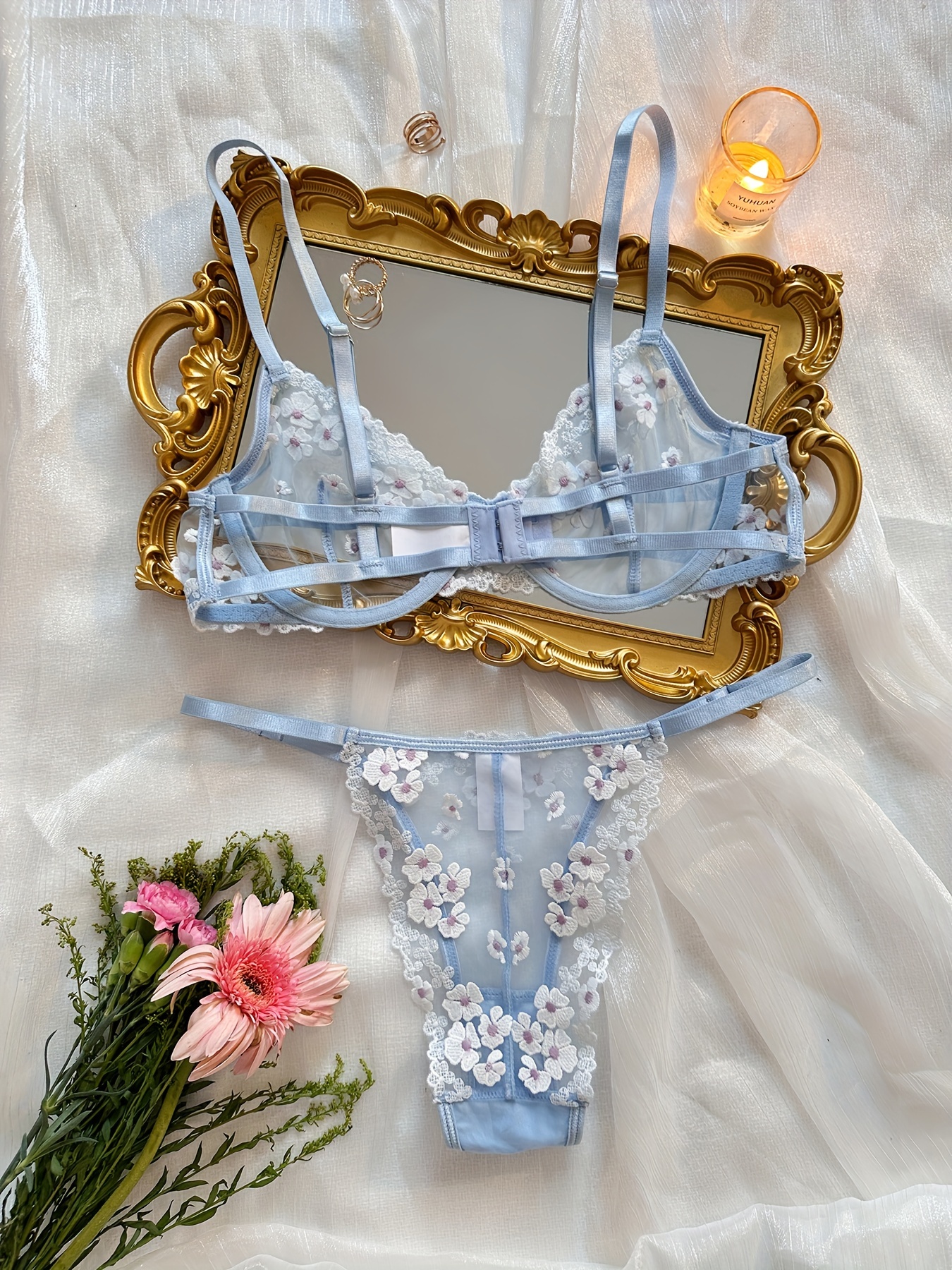 Plus Size Floral Embroidery Lace Satin Women Sexy Lingerie Bra Set