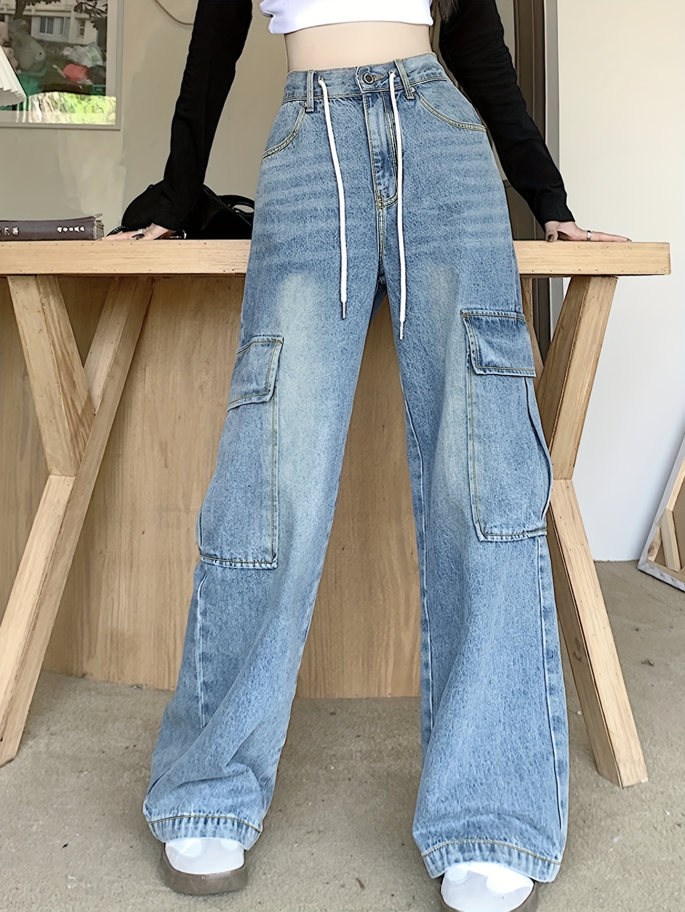 Jeans De Perna Larga Com Cadarço Em A Para Mulheres [u