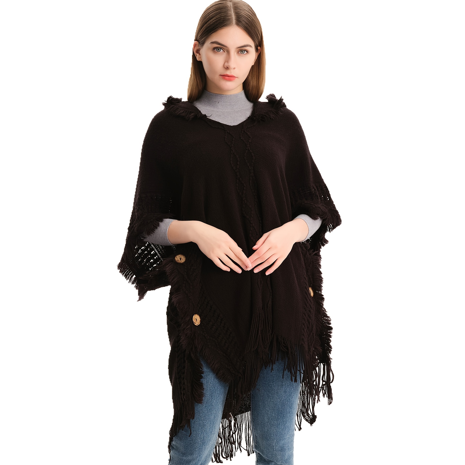 Knitted Sweater Button Hooded Cape Shawl Elegant Solid Color - Temu