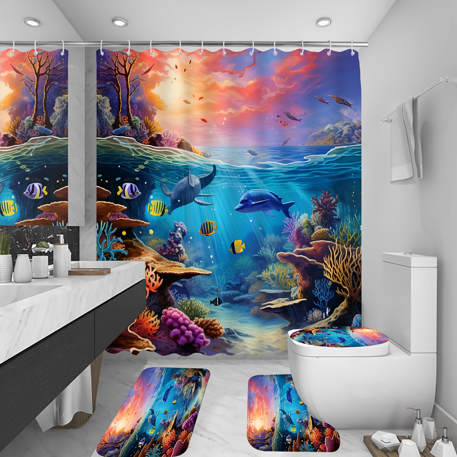 1/4pcs Cartoon Tropical Fish Shower Curtain And Mats, Underwater * Bathroom  Sets With Shower Curtain And Rugs, Waterproof Polyester Fabric Sh