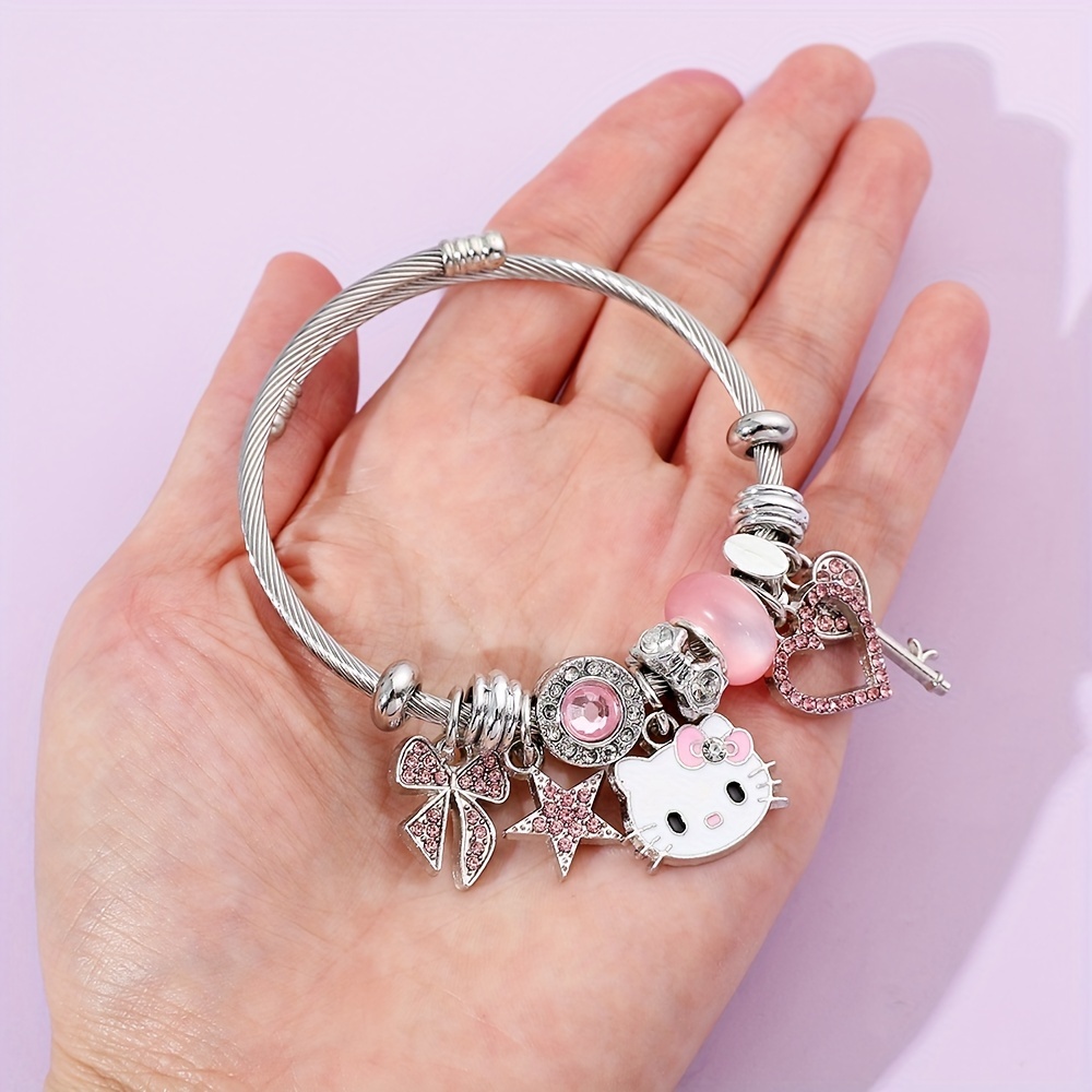 1pc Y2K Hello Kitty Bracelet Kawaii Anime Jewelry Crystal Beads, Glass Beads, Plastic Beads Sweet Accessories Cute Gift,Temu
