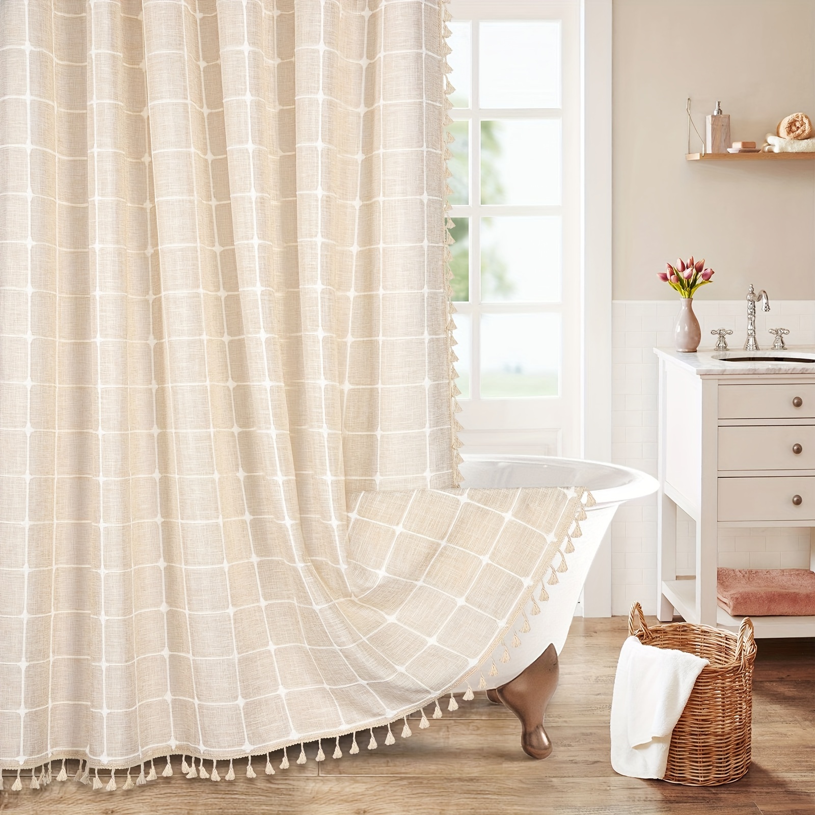 Tufted Jacquard Shower Curtain Boho Farmhouse Style Fabric - Temu