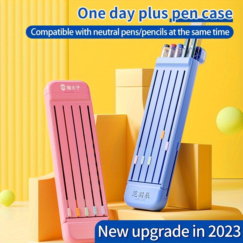 Cute Pencil Case for Kids, Hard Plastic Pencil Case Small Pencil Box with 5  pcs Pencils, Ruler and Eraser Holder (Blue) 