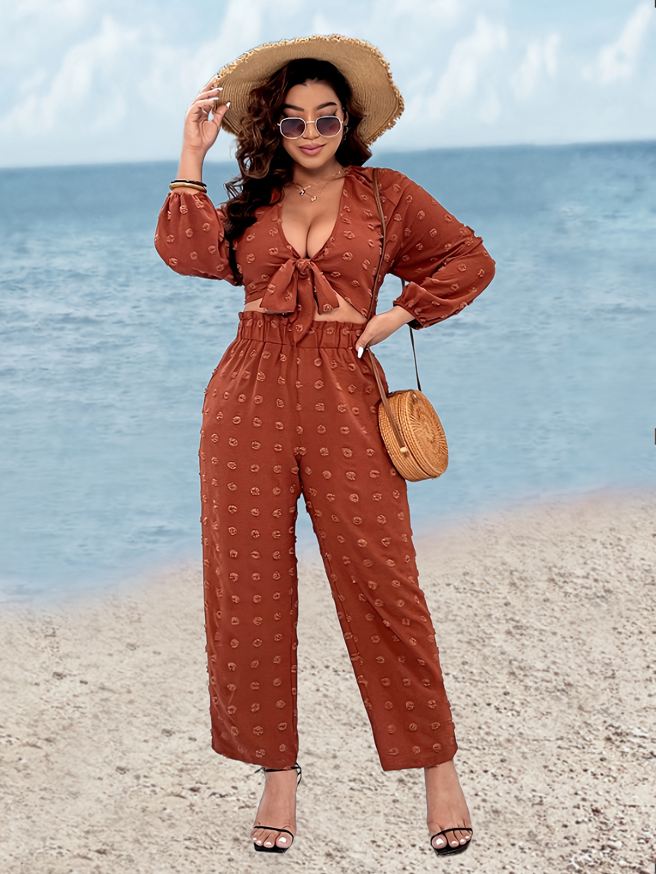 Plus Size Casual Outfits Two Piece Set, Women's Plus Solid * Dot Lantern  Sleeve V Neck Knot Crop Top & Pants Outfits 2 Piece Set