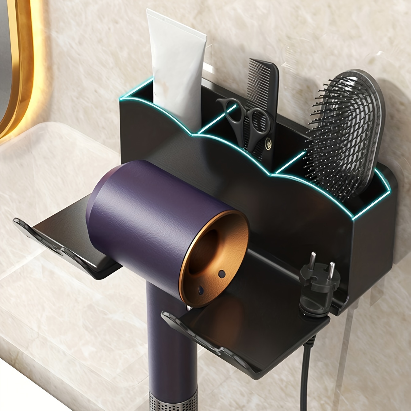 

1pc Easy-install Hair Dryer Holder - No-drill Wall Mount Organizer For Bathroom, Durable Plastic Storage Rack Bathroom Storage Rack Bathroom Wall Mount Organizer